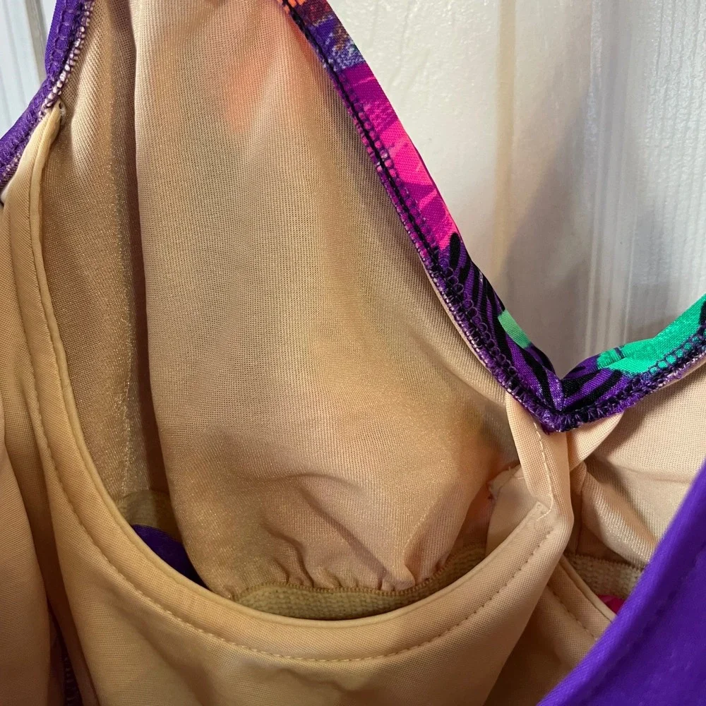 Vintage 80s The‎ Slim Suit Womens size 16 Purple Floral Swimsuit swim wear